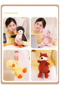 Close-up of soft penguin, pig, duck and fox plush toys shown in lifestyle settings