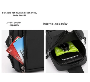 Detail view of water-resistant men's chest bag showing front pocket and interior storage