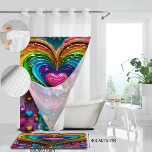 Waterproof rainbow heart waffle shower curtain and 60x40cm bath mat set for bathroom decor