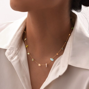 Fashionable gold stainless steel chain necklace with colorful irregular natural stones