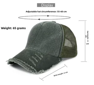 Medidas detalladas de una gorra de béisbol de malla de algodón lavado con efecto usado