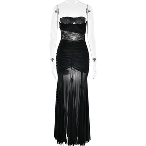 Detailed close-up of black lace stitching and sheer mesh design on a sexy backless maxi dress