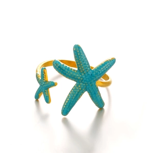 Adjustable 18K gold plated stainless steel ring with two blue starfish enamel charms