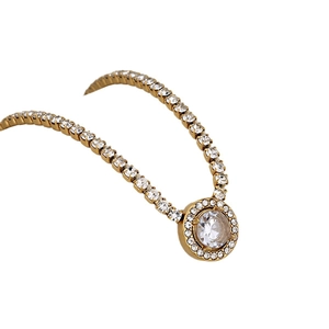 Luxury gold-plated stainless steel tennis necklace with round crystal halo pendant