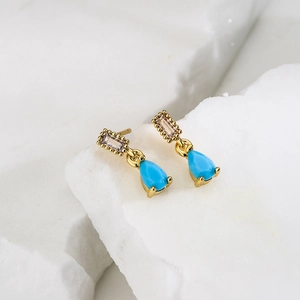Elegant 18K gold plated drop earrings with geometric blue stone and zircon crystals