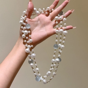 Baroque retro layered pearl and opal beaded necklace with gold chain for women
