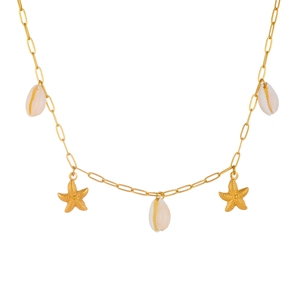 Collier de plage doré en acier inoxydable avec pendentifs coquillages et étoiles de mer