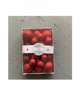Rectangular box of red Christmas balls with shiny, matte and glitter finishes