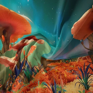 Close-up of bohemian mushroom tapestry fabric with surreal galaxy patterns and vibrant texture