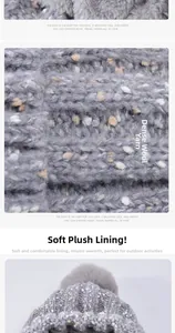Detailed close-up of thick grey knit texture and warm plush lining on winter hat set