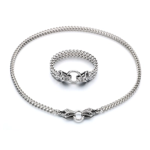 Punk silver stainless steel double snake head jewelry set with necklace and bracelet