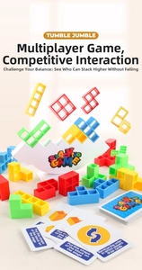 Close-up of colorful Tetris-style stacking blocks with a balance base and instruction cards