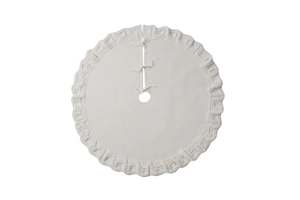 Detail of white cable knit Christmas tree skirt with ribbon ties and scalloped edges