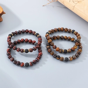 Natural tiger eye and volcanic lava stone beaded bracelet with metal spacers for couples