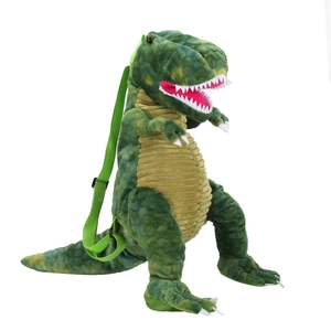 Cute green T-Rex dinosaur plush backpack for children with adjustable nylon shoulder straps