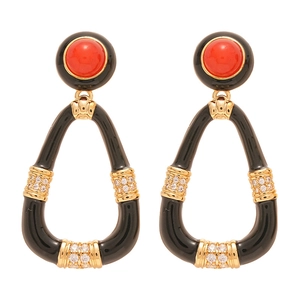 Vintage gold plated drop earrings with red resin and black enamel inlaid with zircons