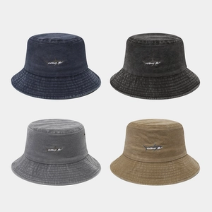 Washed Cotton Denim Bucket Hat Shark Embroidery Sun Protection Outdoor Casual Vintage Retro Unisex Flat Top Wide Brim