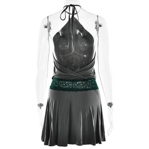 Back view of sexy halter dress in dark grey with dark green lace trim and backless design