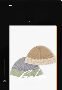 Close-up of thick knitted beanie hats featuring bicolor herringbone textures for winter
