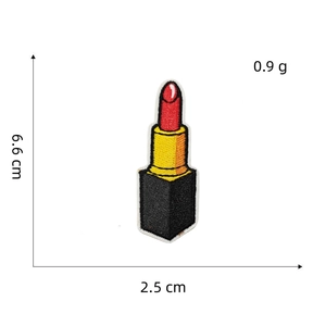 Lipstick embroidered patch measuring 6.6cm by 2.5cm with size and weight details