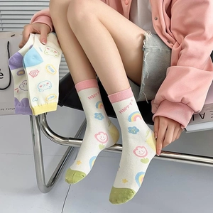 Cute Japanese style rainbow and cartoon bear mid-calf cotton socks for women