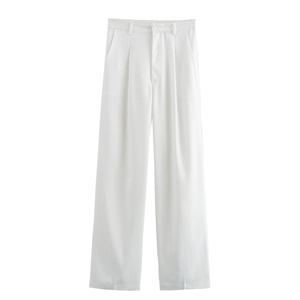 Detailed front flat lay view of white straight-leg trousers with premium fabric texture