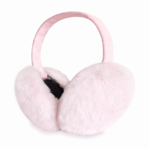Detail of soft pink plush earmuffs showing fluffy faux fur texture and warm fabric band