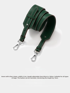 Adjustable dark green pebble leather strap with silver hooks, 4.1cm width, 89-100cm length