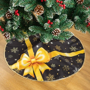Black Christmas tree skirt with golden bow and snowflake prints on high-quality fabric