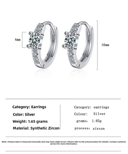 Detail view of silver zircon hoop earrings with 16mm diameter and 1.65g weight