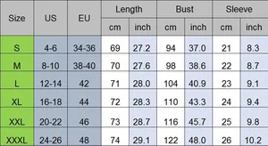 Detailed size guide table for women's V-neck lace sleeve T-shirt with US and EU measurements