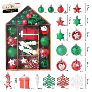 Detailed set of 70 Christmas ornaments with diverse shapes in red, green and white colors