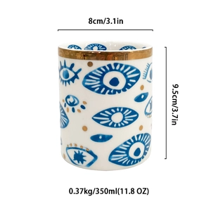 Detailed dimensions for ceramic eye pattern mug with height 9.5cm and width 8cm