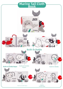 Detail of baby soft ocean cloth book featuring tactile 3D animal tails and sound devices