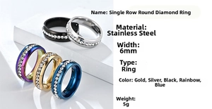 Detail view of 6mm stainless steel rings featuring a single row of inlaid round zircons