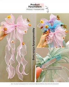 Detail of 45cm organza ribbon hair clip with knitted flowers and metal duckbill clip