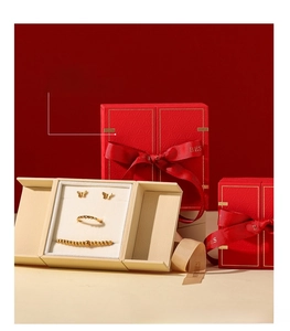 Detail of red embossed textured jewelry boxes with gold foil Best Wishes ribbon