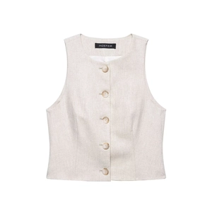Women Casual Minimalist Round Neck Vest Sleeveless Single Breasted Waistcoat Solid Textured Button Up Top Summer Vacation