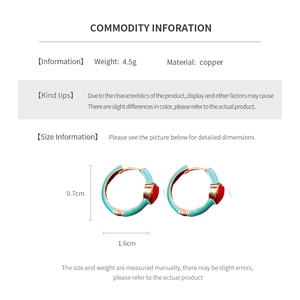 Detailed size chart for retro copper hoop earrings with red heart charms and weight info