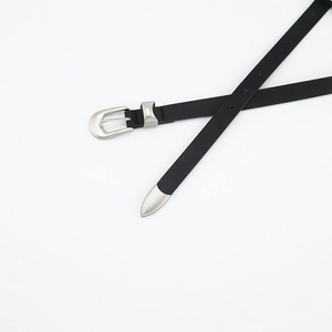 Vintage black thin leather belt for women with silver metal buckle and tip for jeans
