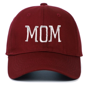 Classic burgundy cotton baseball cap with white MOM embroidery and curved brim