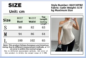 Size chart for satin one-shoulder sleeveless top showing chest and length measurements