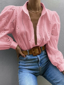 Pink hollow-out embroidery long-sleeved shirt with turn-down collar for women