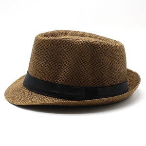 Classic brown woven straw fedora hat with black decorative band for summer sun protection