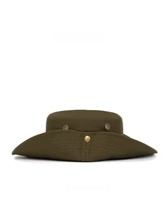 Side view of olive green wide brim sun hat with metal air vents and reinforced stitching