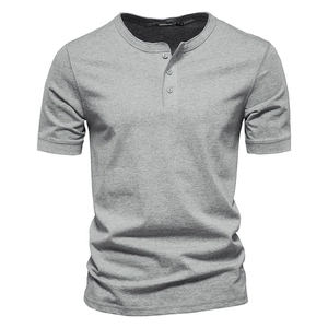 Slim fit gray cotton Henley shirt for men with short sleeves and three-button neckline