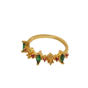 Elegant 14K gold plated copper ring with multi-color zircons in geometric pointed design