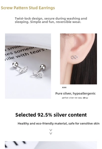 Macro view and model shot of infinity symbol screw back earrings in 925 sterling silver