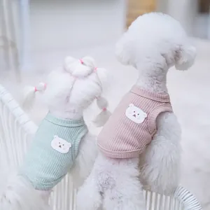 Summer waffle knit dog vest with bear patch for small dogs in green and pink colors