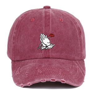 Distressed Baseball Cap Washed Cotton Tattered Holes Prayer Hands Rose Embroidery Retro Vintage Hip Hop Streetwear Hat